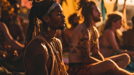 a group meditation session amidst a rave, individuals adorned in hippie clothing and rasta...