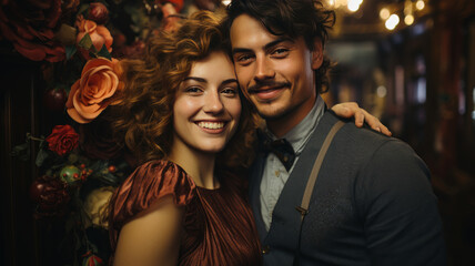 Vintage Style New Year's Party - Romantic Couple Embracing, Retro Film Aesthetic - AI Generated