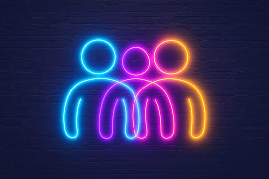 Neon family icon. Glowing neon friends sign, outline  unity pictogram in vivid color. Social care, family, together - icon, sign, symbol for UI