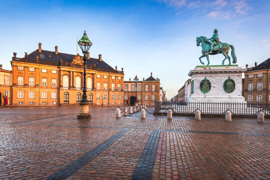 Copenhagen, Denmark. Morning sunrise light in Amalienborg Square.