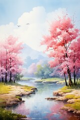 Abstract outdoor natural background, beautiful spring landscape colorful in watercolor style