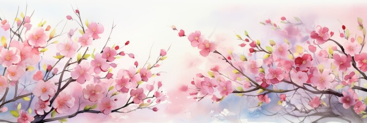 Fototapeta premium Spring cherry blossom background, watercolor style