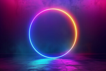 Blue, pink, and yellow illuminated frame design. Abstract cosmic vibrant color circle backdrop. A collection of glowing neon lighting on a dark background with copy space. Top-view futuristic style.