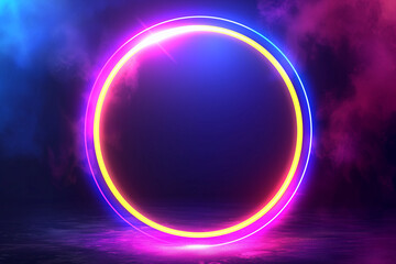 Blue, pink, and yellow illuminated frame design. Abstract cosmic vibrant color circle backdrop. A collection of glowing neon lighting on a dark background with copy space. Top-view futuristic style.