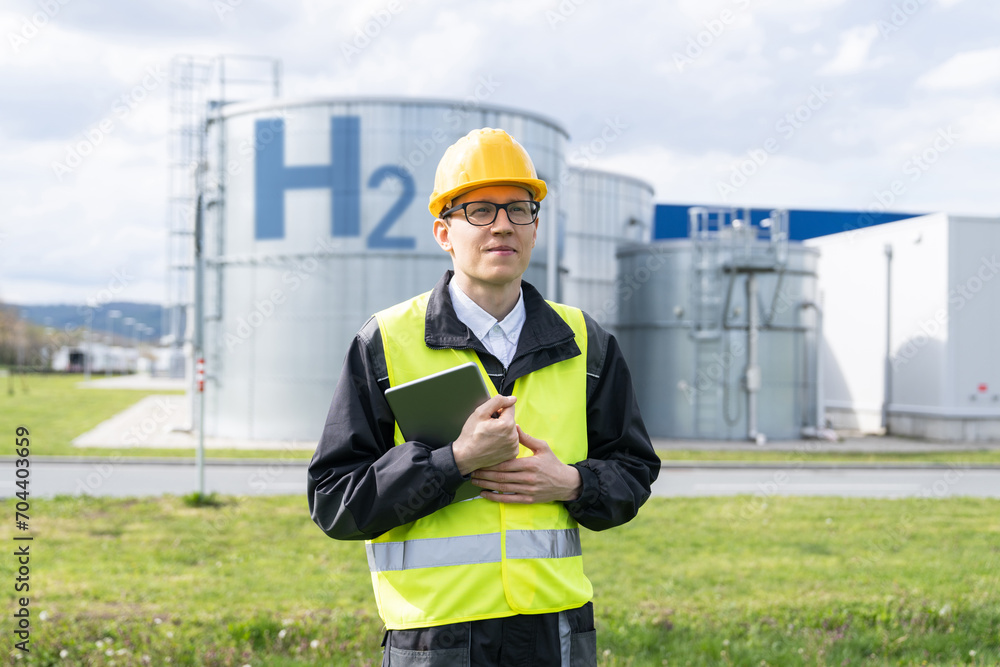 Poster Engineer with tablet computer on a background of Hydrogen factory