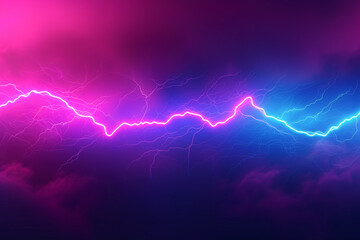 Lightning bolt in the night sky. Neon blue and pink abstract background with copy space.