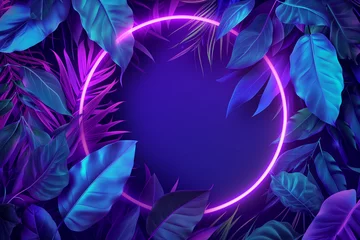 Poster 3d render. Neon hoop or circle in the tropical flowers and leafs.. Floral foliage nature in vibrant neon colors. © PEPPERPOT