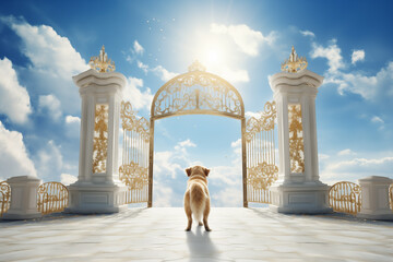 Dog in front of the opened gold gate to paradise in heaven for pets. Generative AI