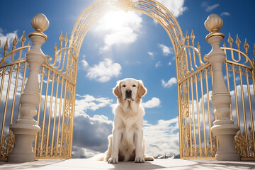 Dog in front of the opened gold gate to paradise in heaven for pets. Generative AI