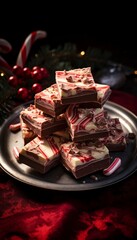 Obraz na płótnie Canvas An artistic composition of Ghirardelli Peppermint Bark squares arranged on a festive platecapturing the holiday spirit with its classic red and white layers.