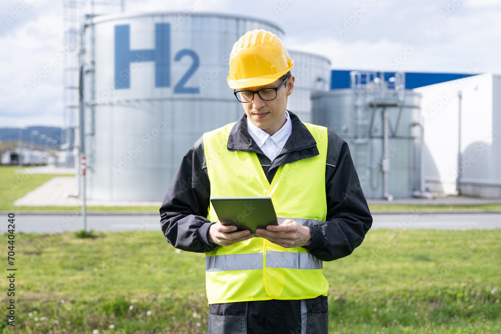 Poster Engineer with tablet computer on a background of Hydrogen factory