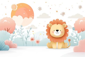 Very childish cute kawaii lion clipart vector, organic forms with desaturated light and airy pastel color palette. Great as nursery art with white background.