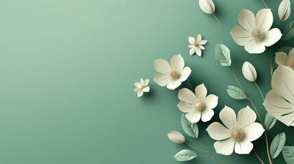 White flowers on a green background, copy space