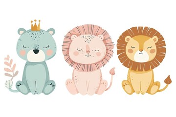 Obraz premium Very childish cute kawaii lion clipart vector, organic forms with desaturated light and airy pastel color palette. Great as nursery art with white background.