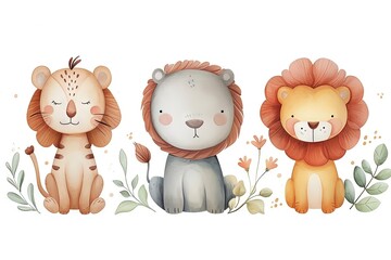 Fototapeta premium Very childish vintage cartoon cute and charming kawaii lion clipart vector, organic forms with desaturated light and airy pastel color palette. Great as nursery art with white background.