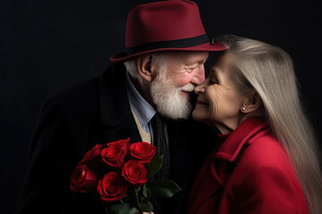 Happy elegant mature couple celebrating Valentine's Day together