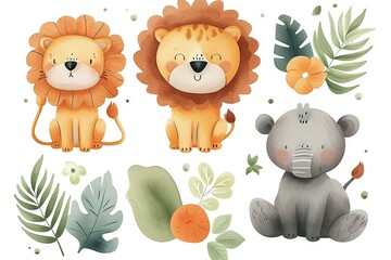 Fototapeta premium Very childish vintage cartoon cute and charming kawaii lion clipart vector, organic forms with desaturated light and airy pastel color palette. Great as nursery art with white background.
