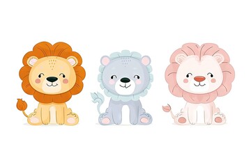 Very childish vintage cartoon cute and charming kawaii lion clipart vector, organic forms with desaturated light and airy pastel color palette. Great as nursery art with white background.