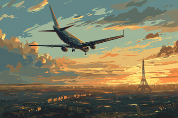 Airplane above Eiffel tower in Paris, cartoon illustration, travel Europe, scenic, relocation - obrazy, fototapety, plakaty