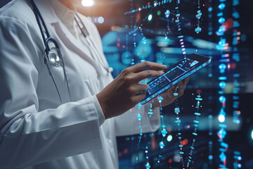 "Digital Frontier of Healthcare: A Medicine Doctor Engaging with Electronic Medical Records on a Tablet, Embracing DNA Data. The Interface Displays a Network Connection and Futuristic Holographic Medi