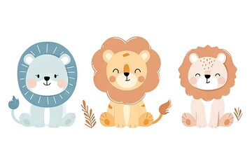 Obraz premium Very childish vintage cartoon cute and charming kawaii lion clipart vector, organic forms with desaturated light and airy pastel color palette. Great as nursery art with white background.