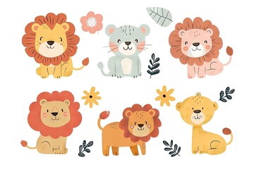Obraz premium Very childish vintage cartoon cute and charming kawaii lion clipart vector, organic forms with desaturated light and airy pastel color palette. Great as nursery art with white background.