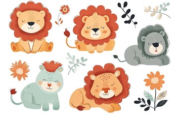 Very childish vintage cartoon cute and charming kawaii lion clipart vector, organic forms with desaturated light and airy pastel color palette. Great as nursery art with white background.