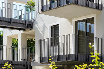 Modern Facade Building with Modern Balcony of Multifamily Low rise Apartment Building and Bridge...