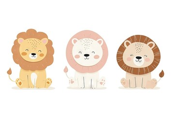 Obraz premium Very childish watercolor vintage cartoon cute and charming kawaii lion clipart vector, organic forms with desaturated light and airy pastel color palette. Great as nursery art with white background.