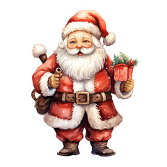 Santa Claus With Presents Watercolor illustration. Ai illustration. Transparent background, png