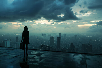 A lonely businesswoman stands in front of a stormy cityscape with a briefcase in her hand. He is on top of a building, with his back turned, watching the city. The challenges, loneliness, competition 