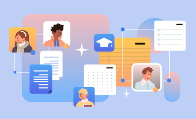 mix race students discussing during virtual meeting on online platform for communication and cooperation education day e-learning