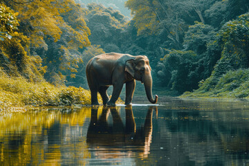 Fototapeta premium A tranquil scene capturing an elephant peacefully reflecting by the oasis