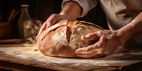 Baker put the fresh bread to the table with soft lights 