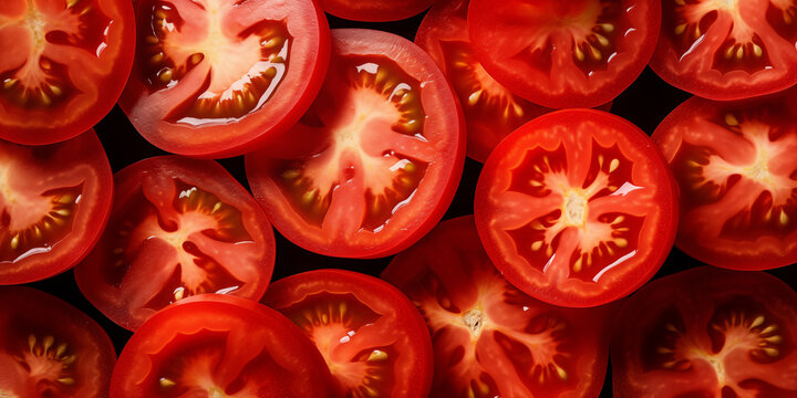 Wide Shoot About Fresh Tomato Slices From Above As An Italian Salad Or Pizza Topping