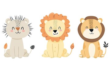 Fototapeta premium Very childish watercolor vintage cartoon cute and charming kawaii lion clipart vector, organic forms with desaturated light and airy pastel color palette. Great as nursery art with white background.