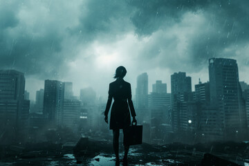 A lonely businesswoman stands in front of a stormy cityscape with a briefcase in her hand. He is on top of a building, with his back turned, watching the city. The challenges, loneliness, competition 
