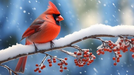 A male Northern Cardinal, its plumage puffed up against the cold, perched prominently on a snow-dusted spruce tree, surveying its surroundings.