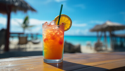 tropical cocktail on the background of the beach. vacation atmosphere.