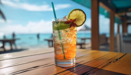 tropical cocktail on the background of the beach. vacation atmosphere.