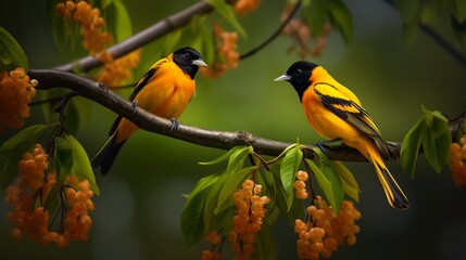 A pair of Baltimore Orioles, male and female, sharing a tender moment on a tree branch, their vibrant plumage a vivid contrast against the verdant backdrop.