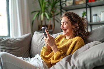 Young happy woman using mobile cell phone sitting on couch at home. Smiling cheerful lady laughing holding smartphone having fun while buying in ecommerce shop or watching funny videos, Generative AI  - obrazy, fototapety, plakaty