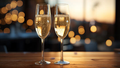 two glasses of champagne on a wooden tabletop with a blurred background.
