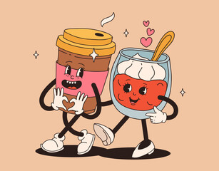 Valentine's Day set of funny vintage characters. Happy and cheerful retro. Old animation 60s 70s, groovy cartoon characters of coffee and sweets, donut, cupcake, espresso, latte, cocoa, cake. present.