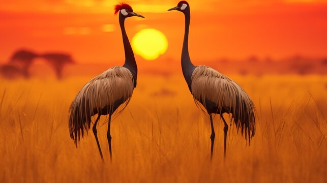 A pair of Grey Crowned Cranes silhouetted against the golden hues of a Masai Mara sunset, their outlines etched in the fading light.