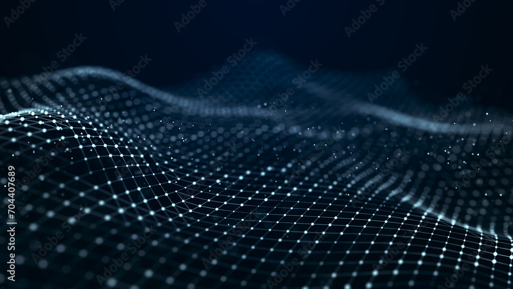 Poster Digital technology. Futuristic background of glowing particles in motion. Large amount of data. 3D rendering.