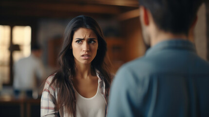 A worried young woman with a serious expression talking to a man, blurred in the background indoors.