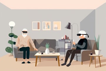 Two elderly people using VR headsets in a living room