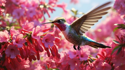 A sunlit cluster of pink bougainvillea blooms, their papery petals a vivid backdrop for a hummingbird engaged in a feast.
