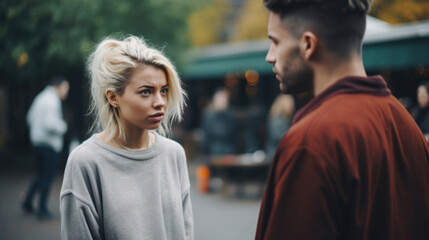 A blonde woman in a grey sweater appears upset while having an argument with a man on a busy street. - obrazy, fototapety, plakaty